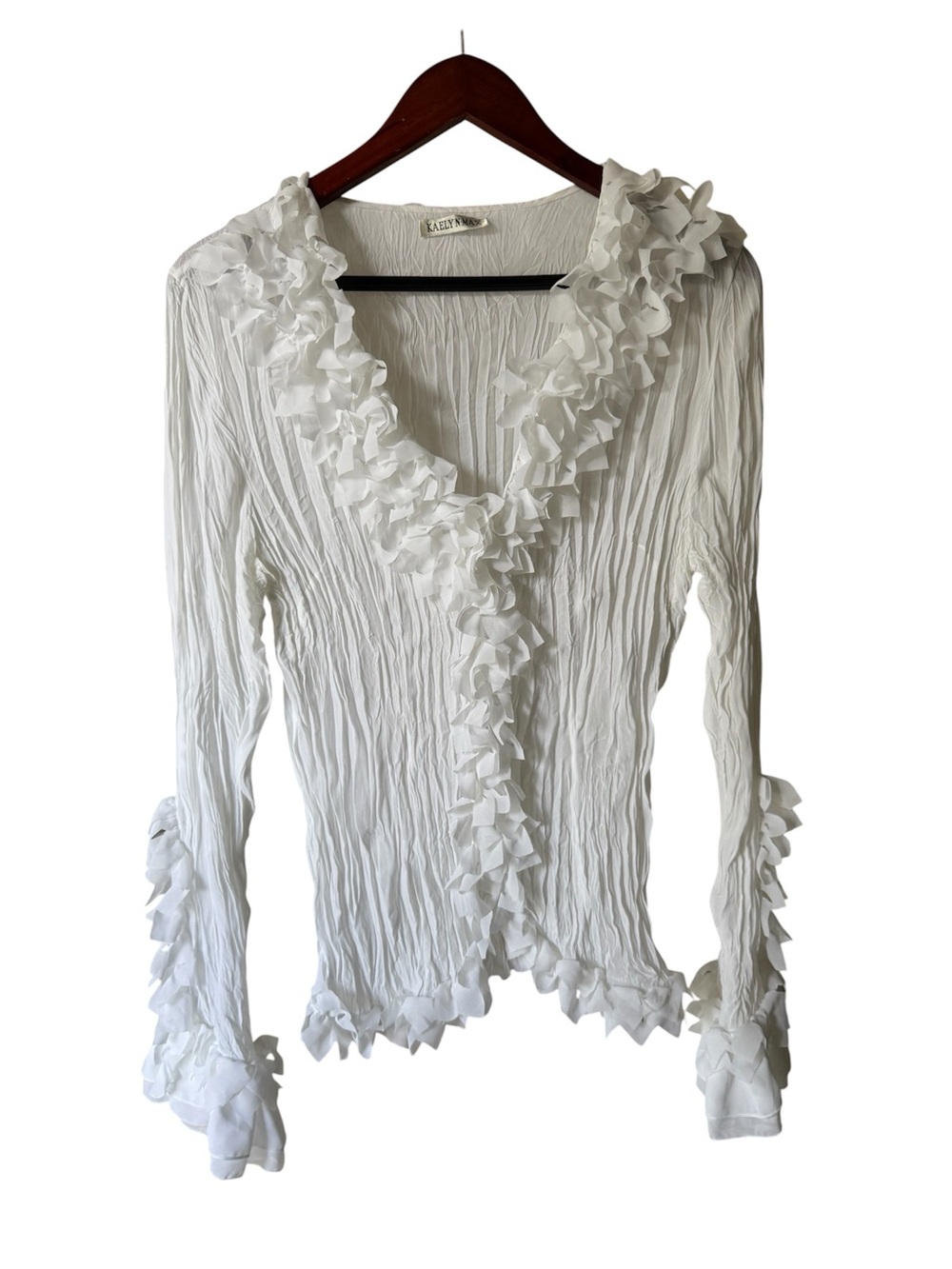 Kaelyn-max Ruffled V-Neck Crinkle Blouse — White
